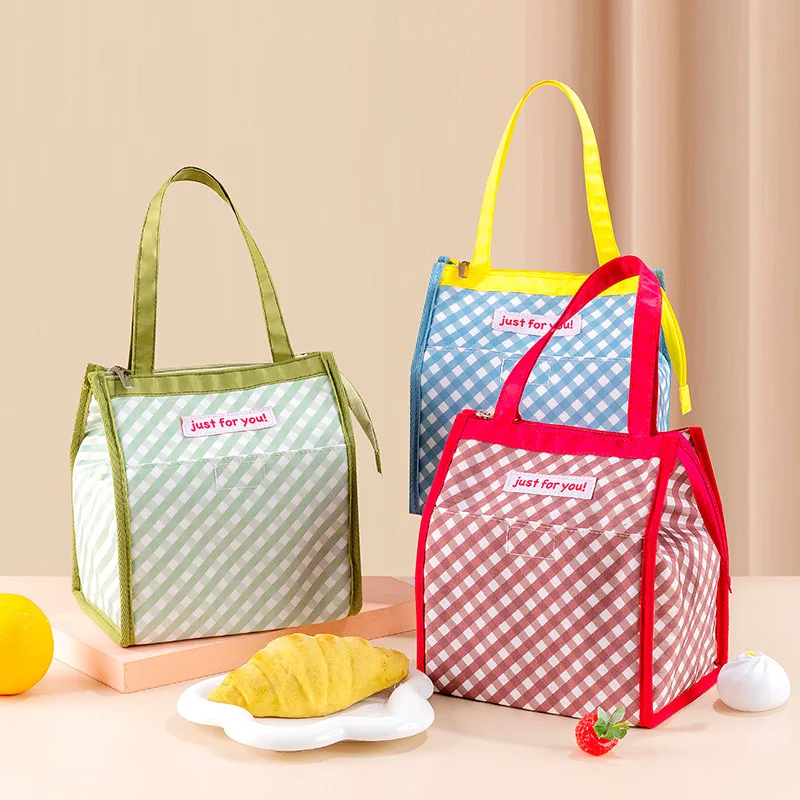 

New arrival retro plaid thick bento bag portable large capacity lunch box bag zippered waterproof insulation bag