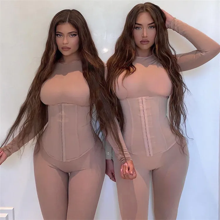 

O Neck Boned Autumn Women Sexy Rompers Breasted Long Sleeve High Waist Bodycon Corset Jumpsuit