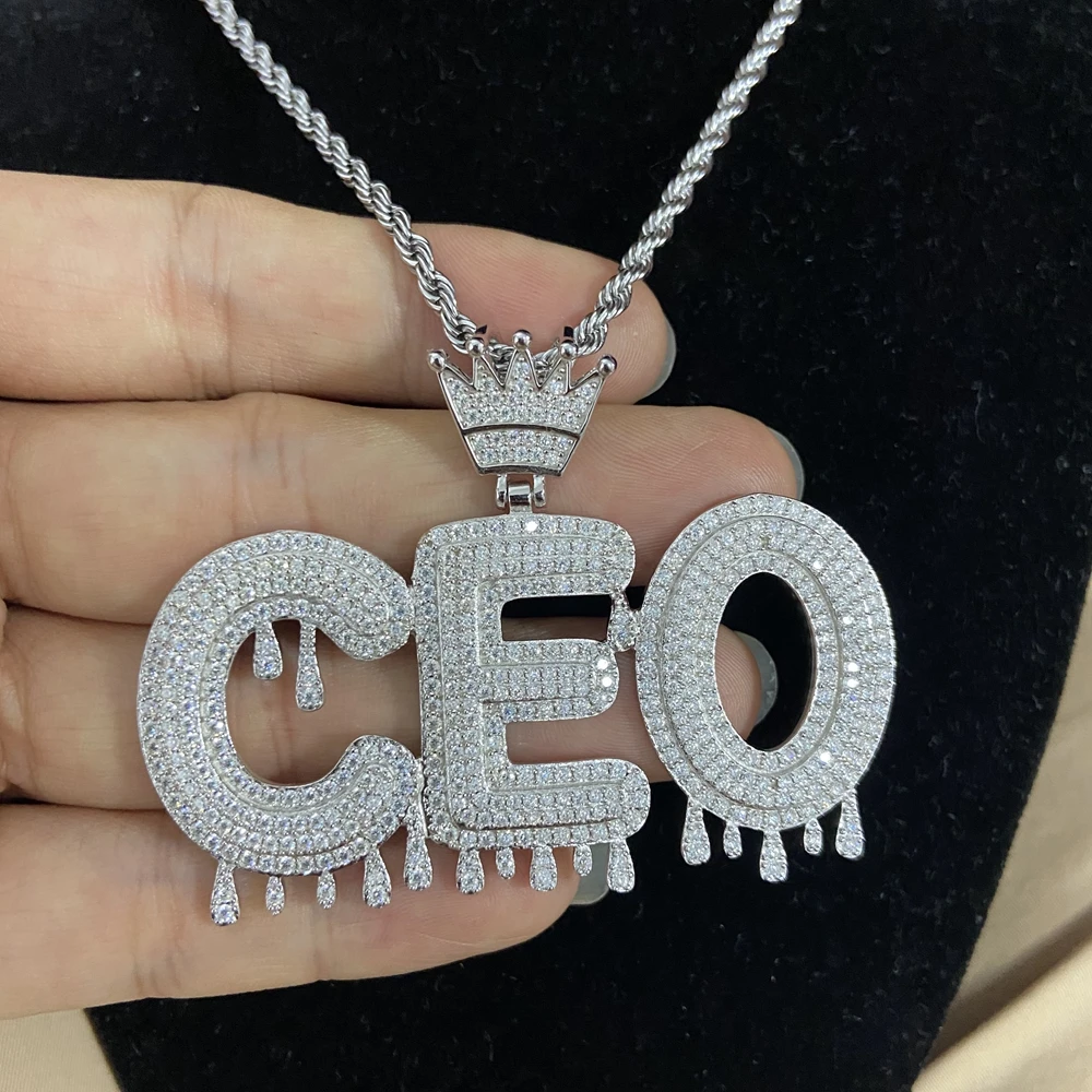 

HQ GEMS  Solid S925 Silver Iced Out Moissanite Diamond Letter CEO Pip Hop Pendant Necklace For Men