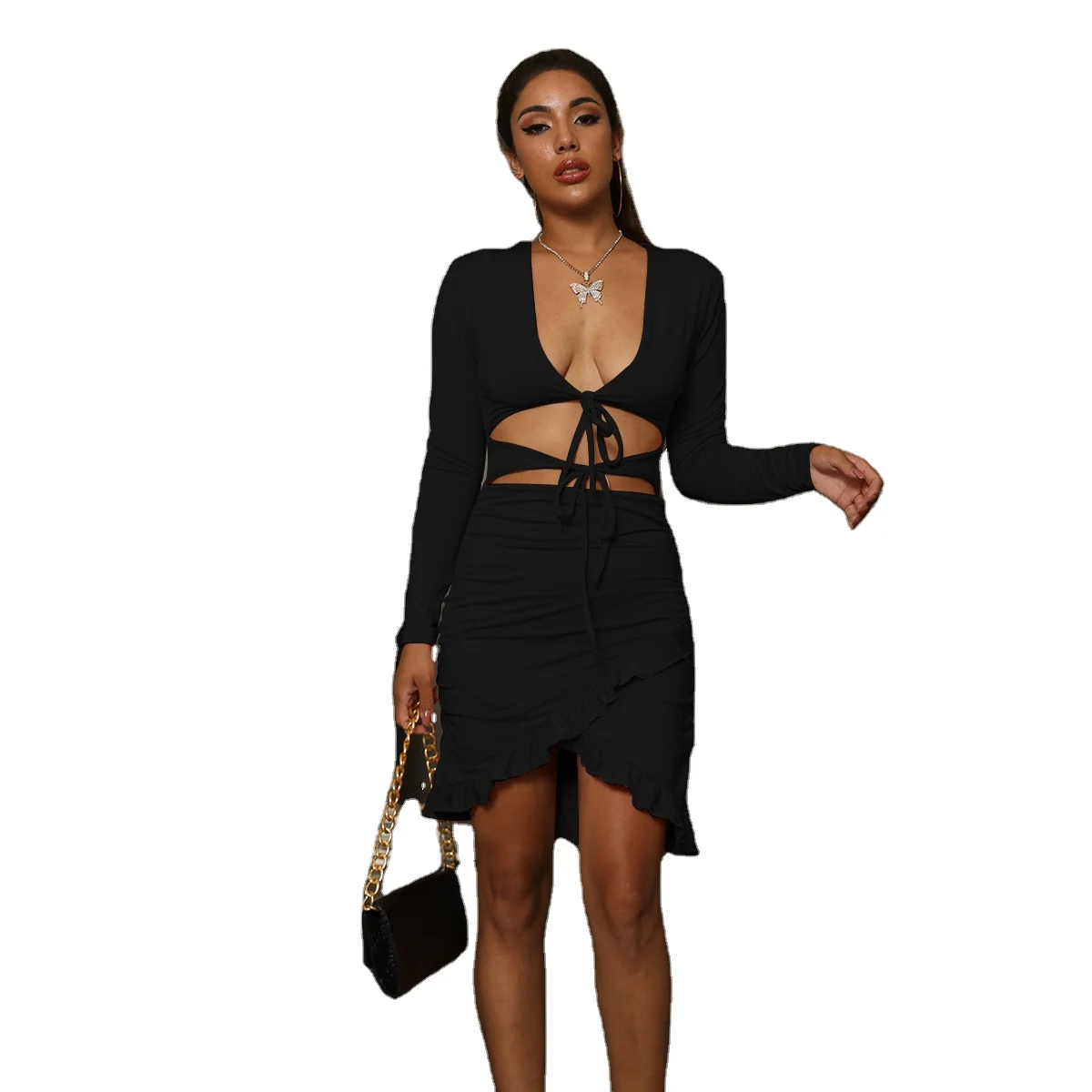 

Autumn 2021 new elegant bandage dress deep V cut out Ruffle buttock skirt long sleeve tight casual party dress