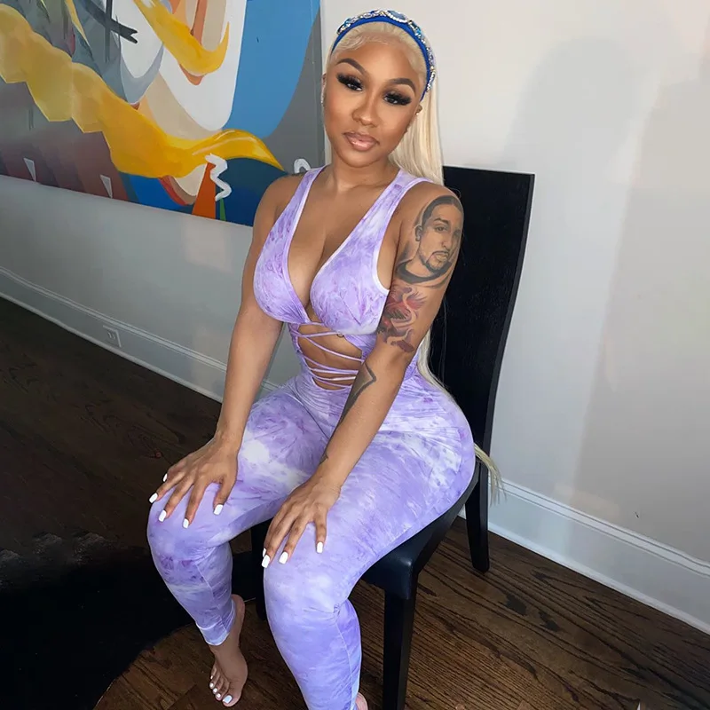 

One Piece jumpsuit Printed tie-dyed Color Lace Up Bandage romper Women's 2021Summer halter Jumkpsuit