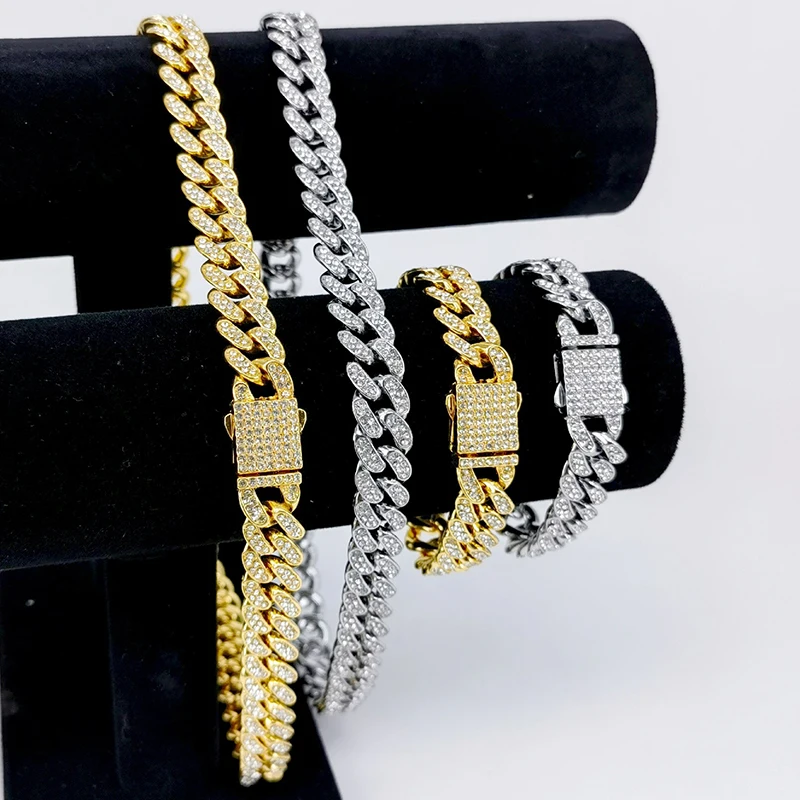 

Hiphop 12mm Iced Out Miami Cuban Link Chain Necklace Rhinestone Crystal Necklace for Women Men