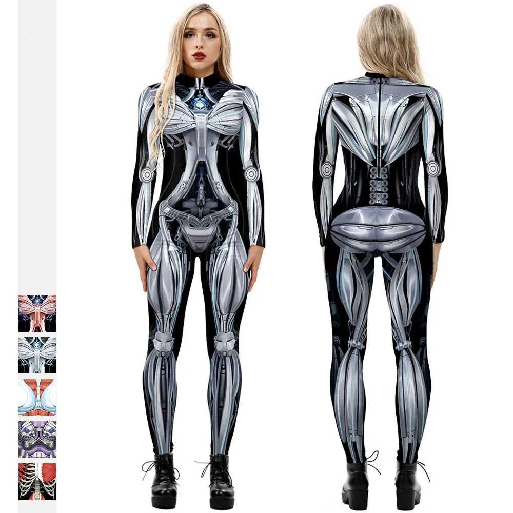 

LvCong new style women and men halloween game cartoon performers clothes long sleeves bodycon skeleton printing jumpsuit