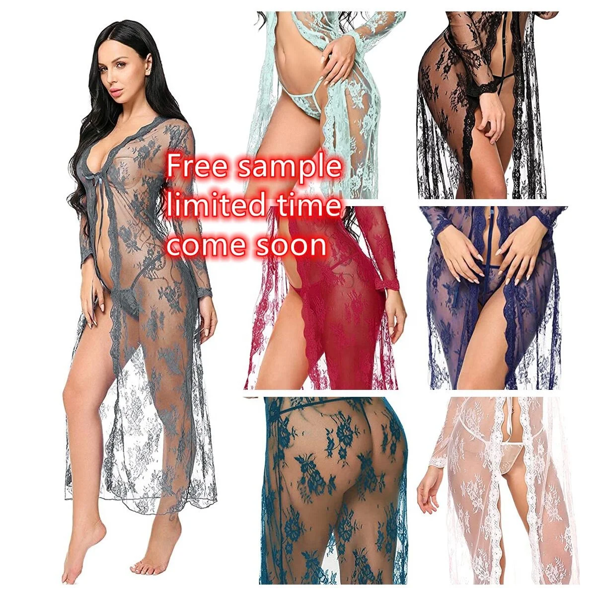 

Amazon Top Seller Lingerie Women Sexy Lingeries Long Lace Dress Sheer Gown See Through Kimono Robe Lenceria, Picture shown sexy sleepwear