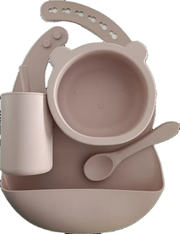 

Amazon Hot Bowl And Bib With Cup Spoon Set Food Grade Silicone Bebe Non-silp Suction Ready To Ship In Stock