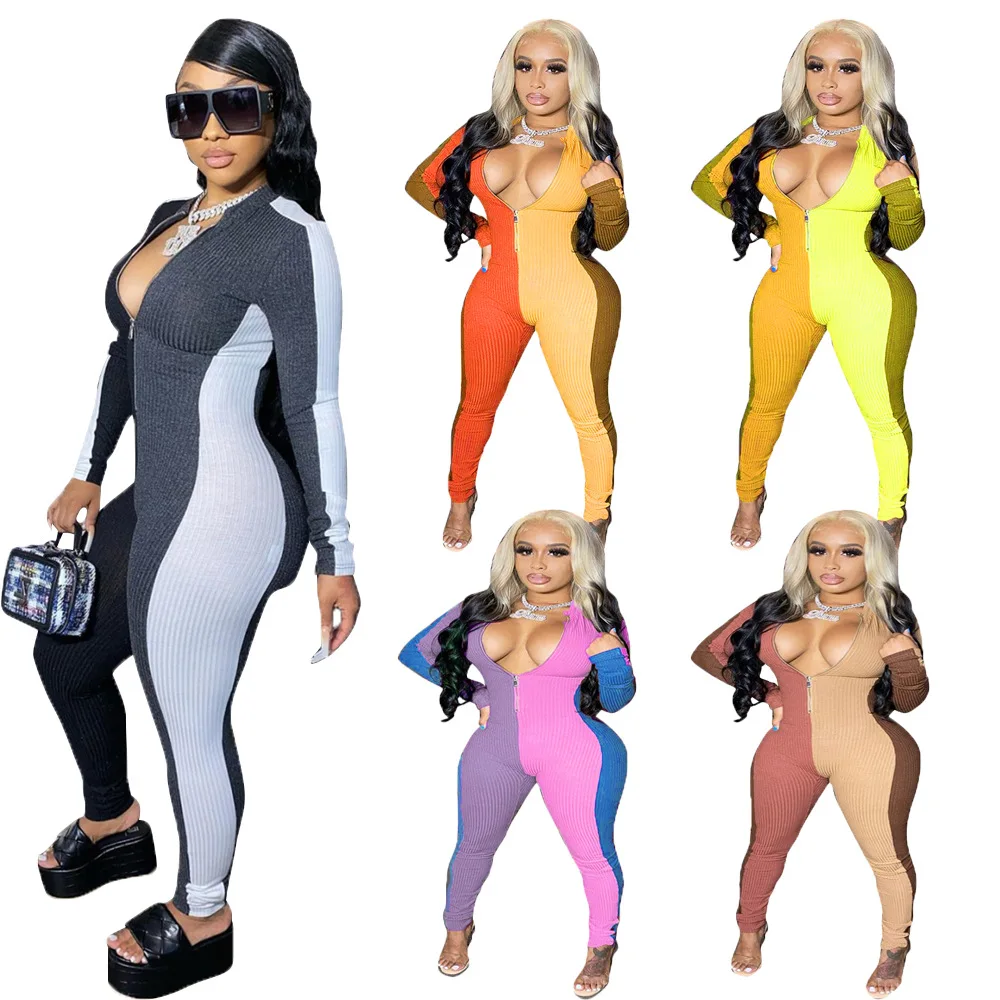 

Wenzhe European and American fashion stitching pit strip zipper Slim sports leisure jumpsuit yoga suit
