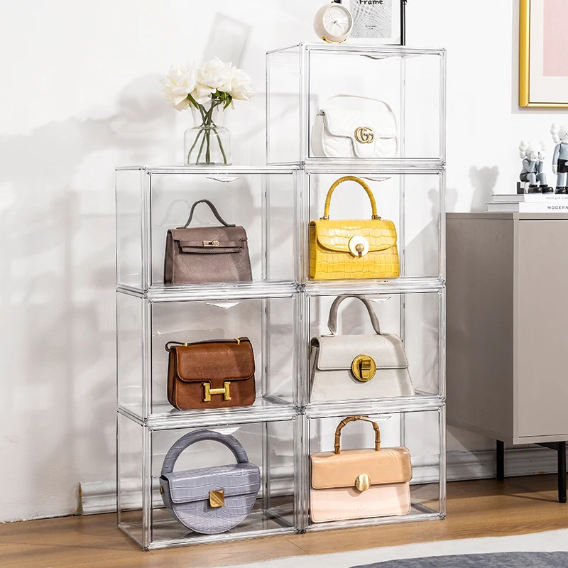 

Custom Logo Simple Foldable Dustproof Showcase Clear Acrylic Display Case Magnetic Door Handbag Storage Organizer Display Box