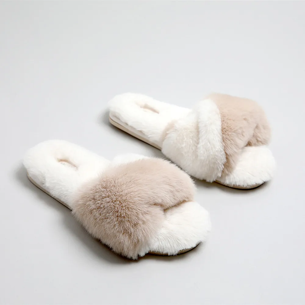 

Cozy Bliss Women's Faux Fur Slippers Cross Band Open Toe Breathable Fuzzy Fluffy House Slippers Memory Foam Anti-Skid Slippers, As pictures