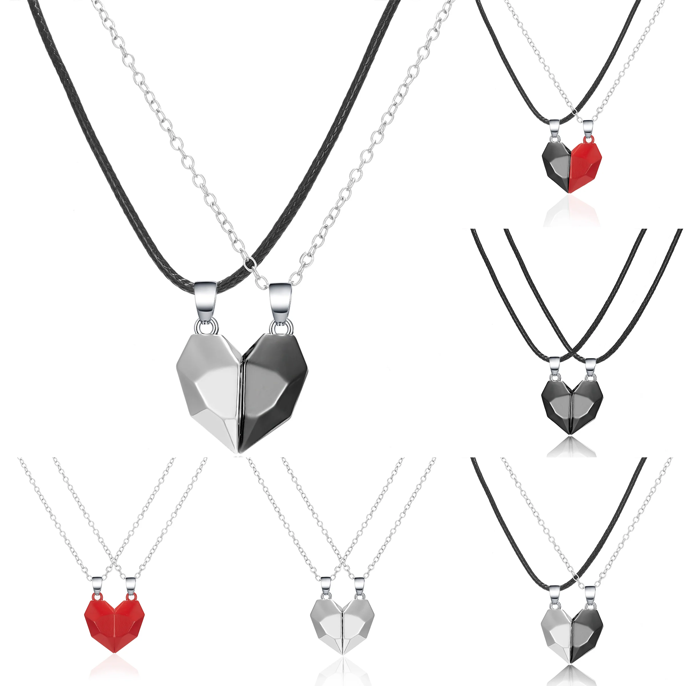 

Heart Necklace 2pcs Magnetic Couple Lovers Heart Pendant Charm Magnet Necklaces Pair Valentine's Day Gift Jewelry, Picture shows