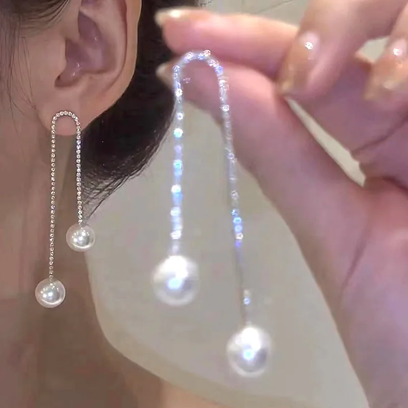 

Delicate Diamond Chain Pearl Stud Earrings Women Fashion Jewelry 925 Sterling Silver Pin Pearl Dangle Tassel Rhinestone Earring