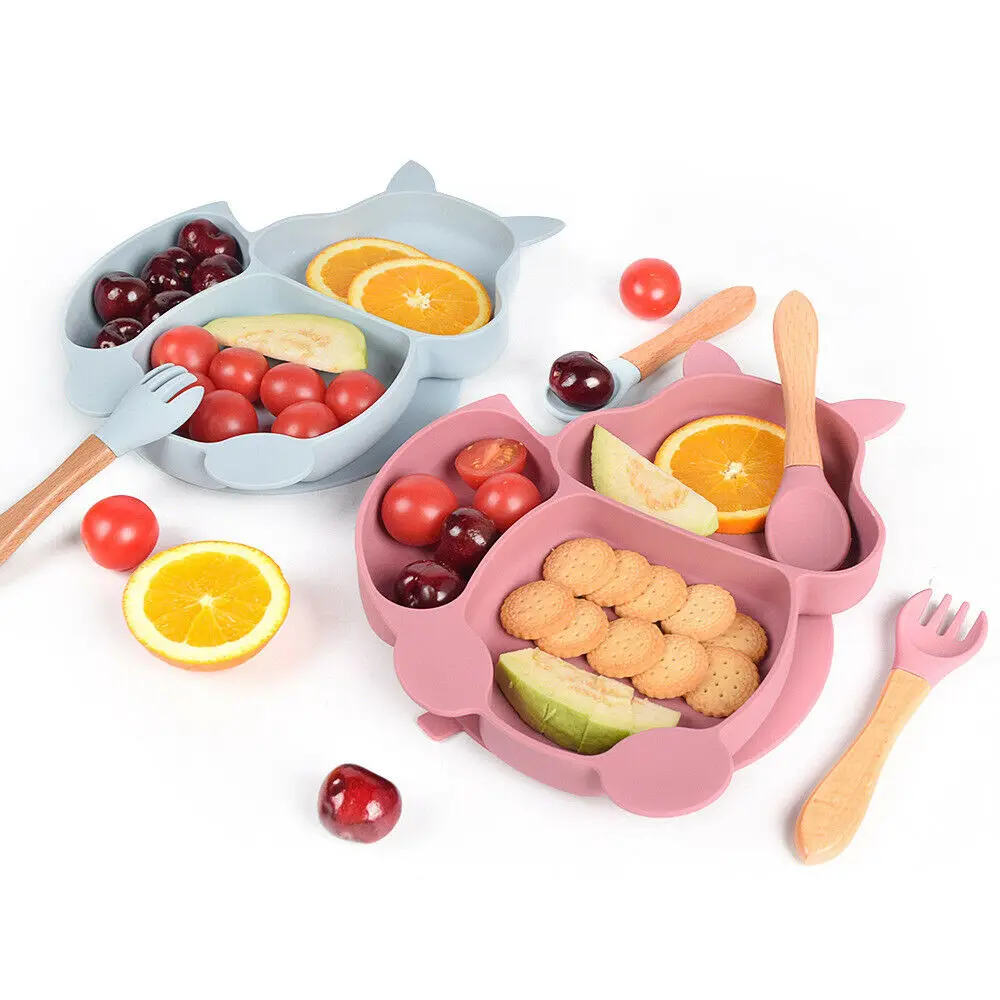 

Squirrel Shaped Baby Silicone Suction Bowl Plate BPA Free Microwave Dishwasher Safe Divided Plate Spoon and Fork Set