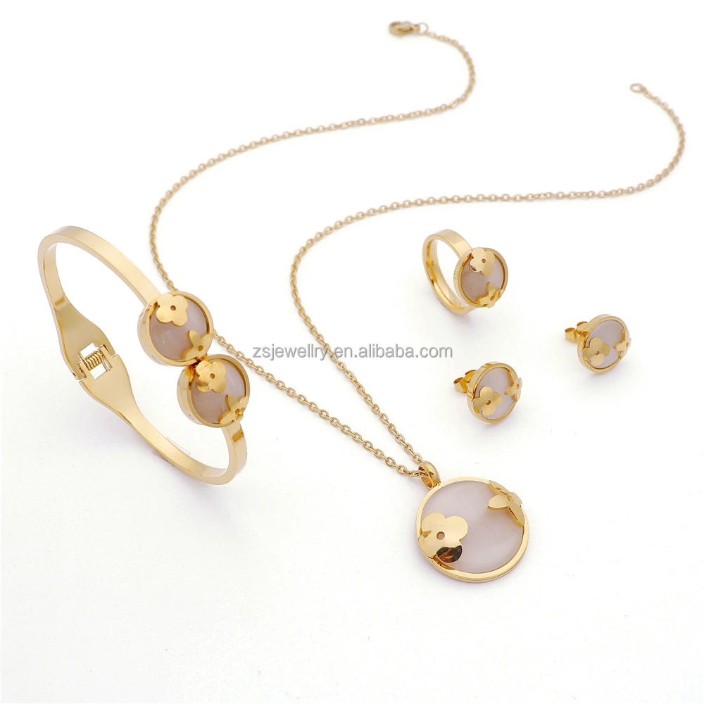 

Indian Mirror Stainless Steel Gemstone Luxury Women Brazilian Italian Jewelry Set 18K Gold Plated