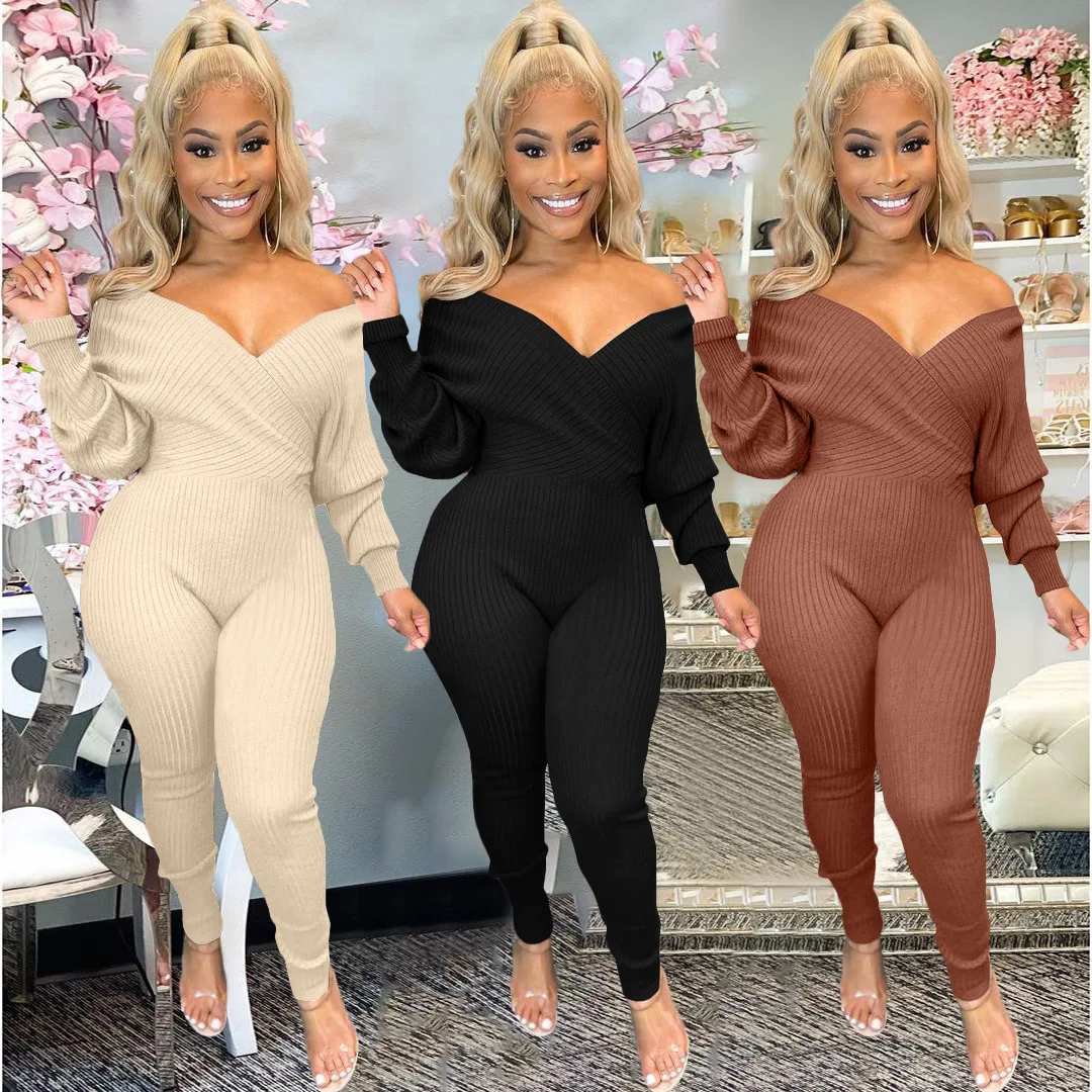 

Fall Clothing Fashion Long Sleeve Solid Off-shoulder Thread Stretchy Deep V Neck Sexy Women Jumpsuits, Customized color