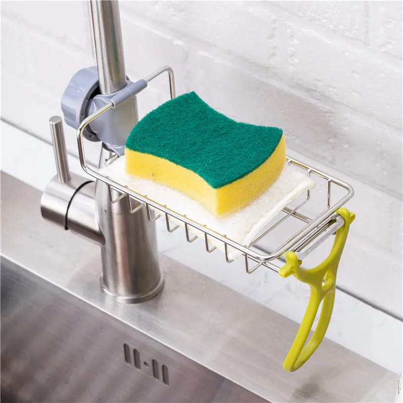 

Wholesale Stainless steel Kitchen Faucet Sponge Holder Faucet Storage Rack Hanging Shelf Soap Sponge Storage Rack