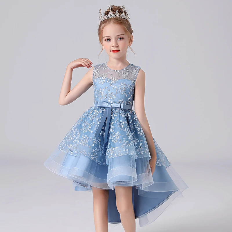 

Summer Lace Embroidery Kids Dress For Girls Evening Wedding Party Tail Elegant Princess Sleeveless Children Holiday Dresses, As show