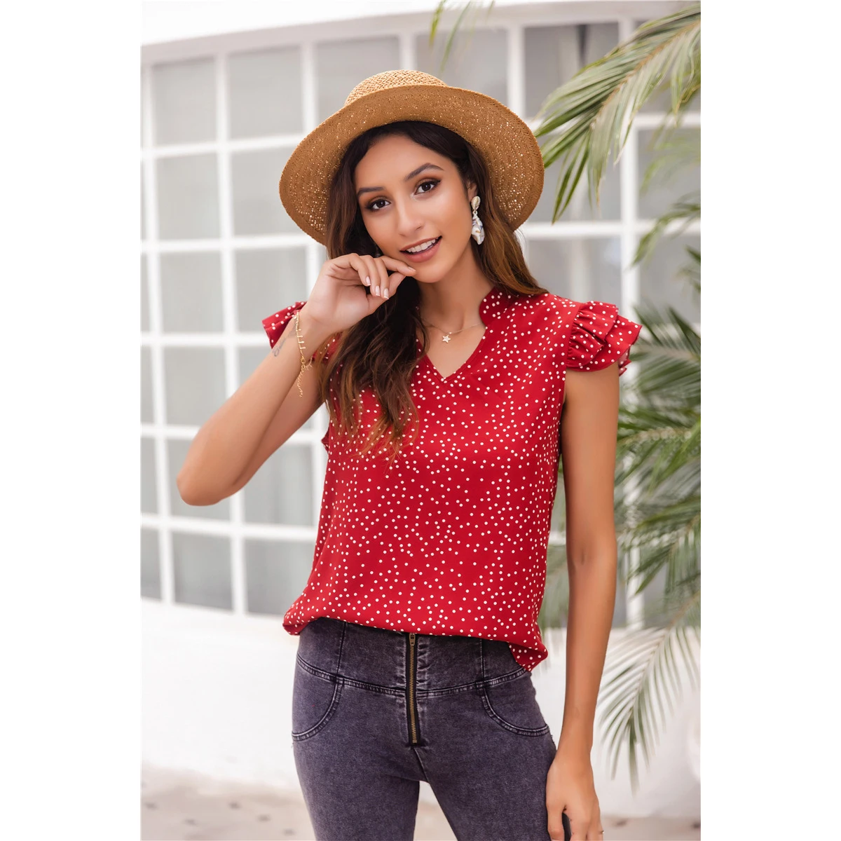 

2021 New Summer Designs V neck Laides' Blouses Women Ruffles Cover Sleeve Polka Dot Elegant Shirts Blouse Tops