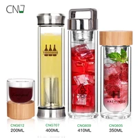 

High borosilicate double wall custom logo bpa free water tea mug glass cup bamboo glass water bottle with bamboo cap