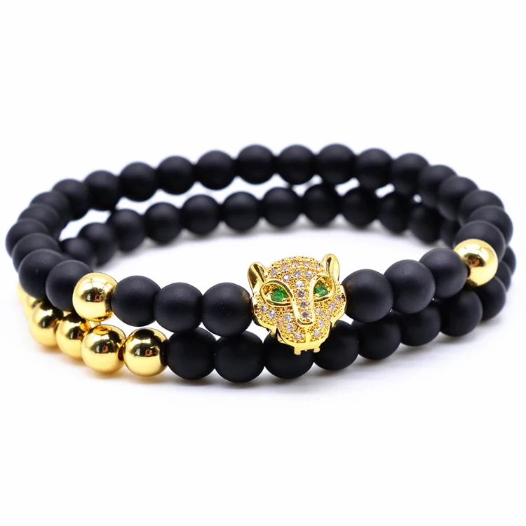 

High Quality New Style 6mm Matte Black Onyx CZ Bead Leopard Head Elastic Men Bracelet