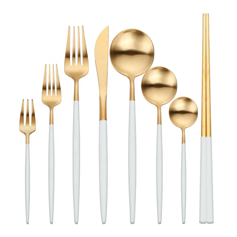 

304 matte gold and white dinnerware korean cutlery with white handle for wedding gift