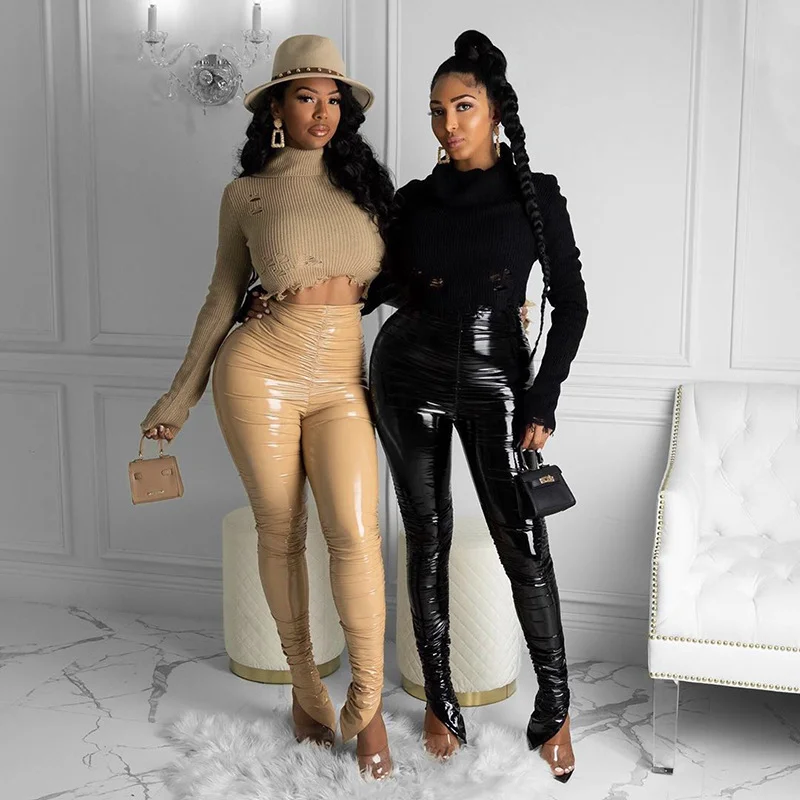 

2021 hot sale trendy split hem pants leather pants for women ruched high waist skinny trousers casual slim fit
