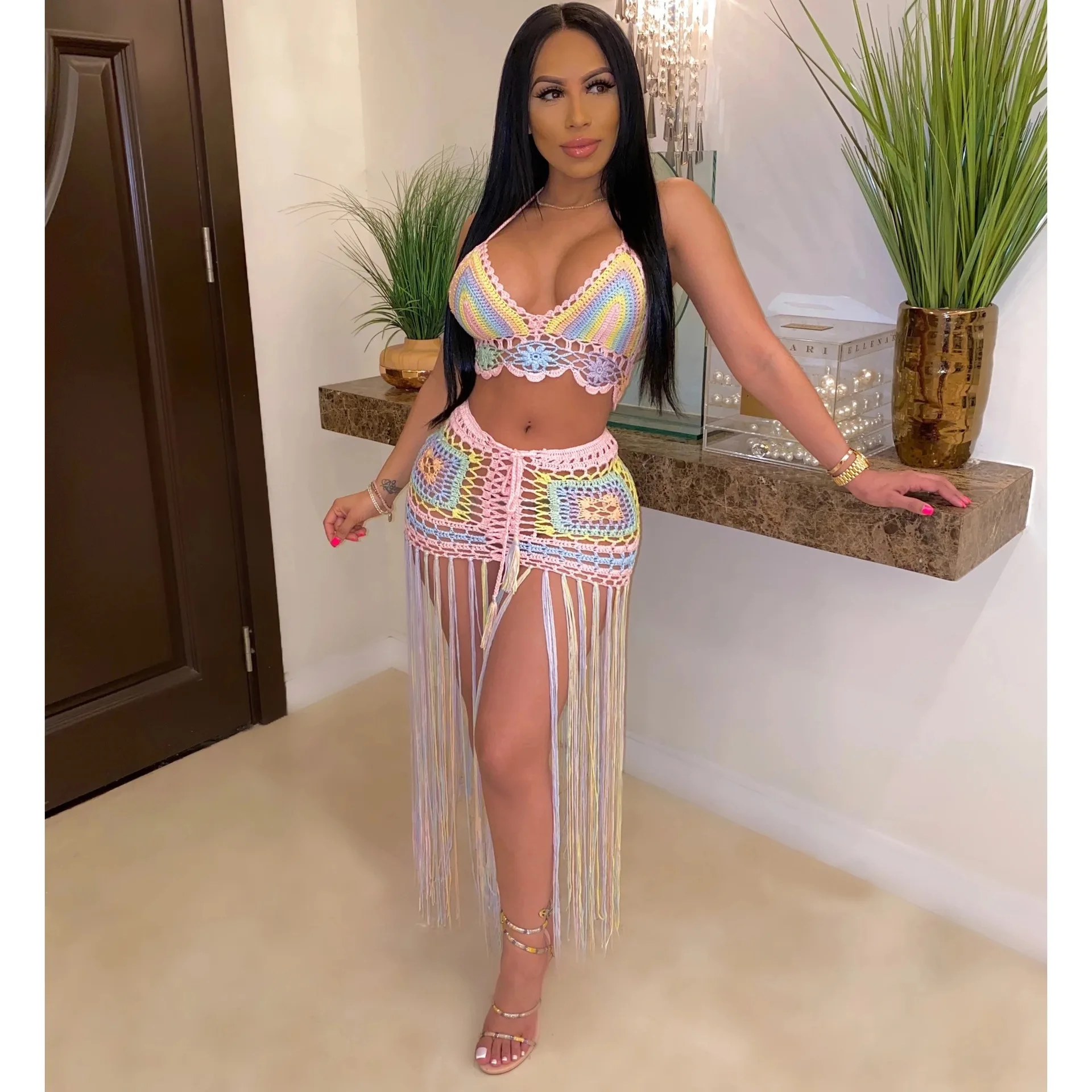 

Crochet set women top and skirt set woman summer sets show waist high quality hand crocheted color see-through beach blouse, Picture