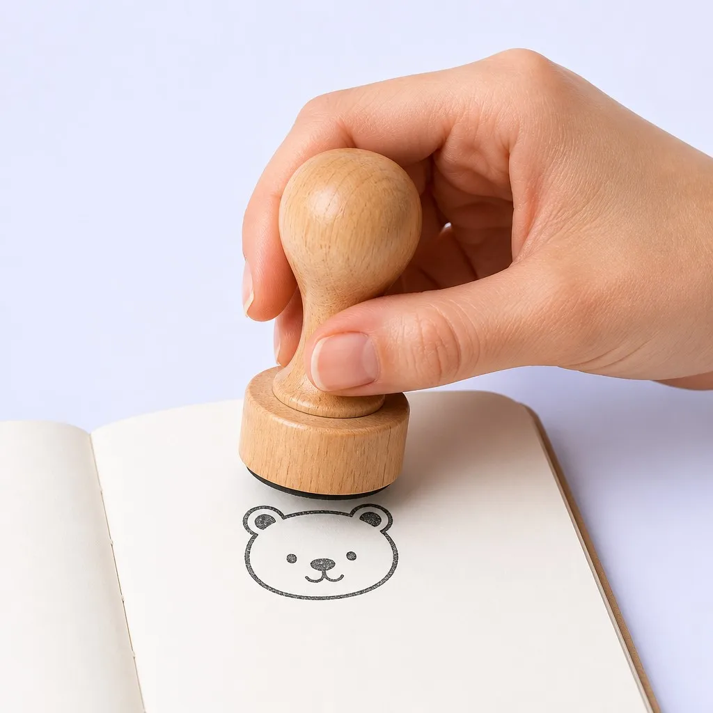 A hand stamping a cute pattern onto an open journal page