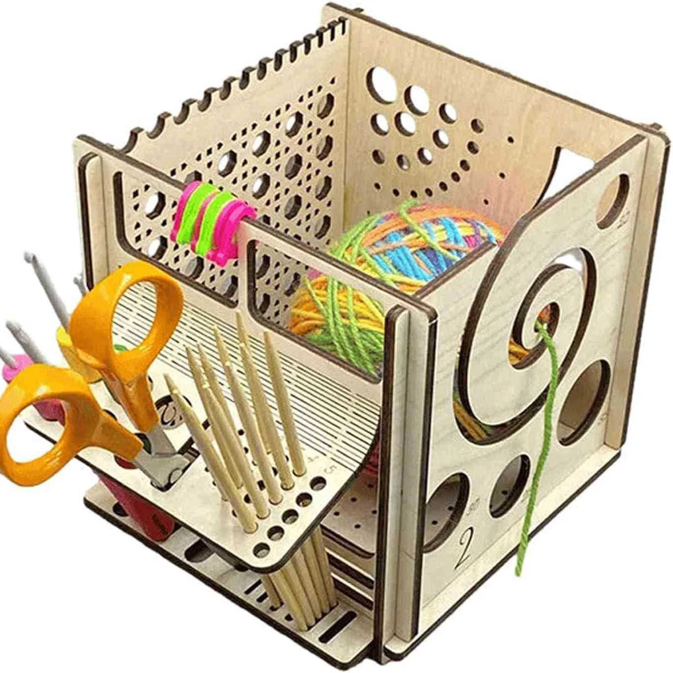 All in One Multi-functional Knitting & Crocheting Yarn Bowl Premium Wooden Organizer for Needlework Storage