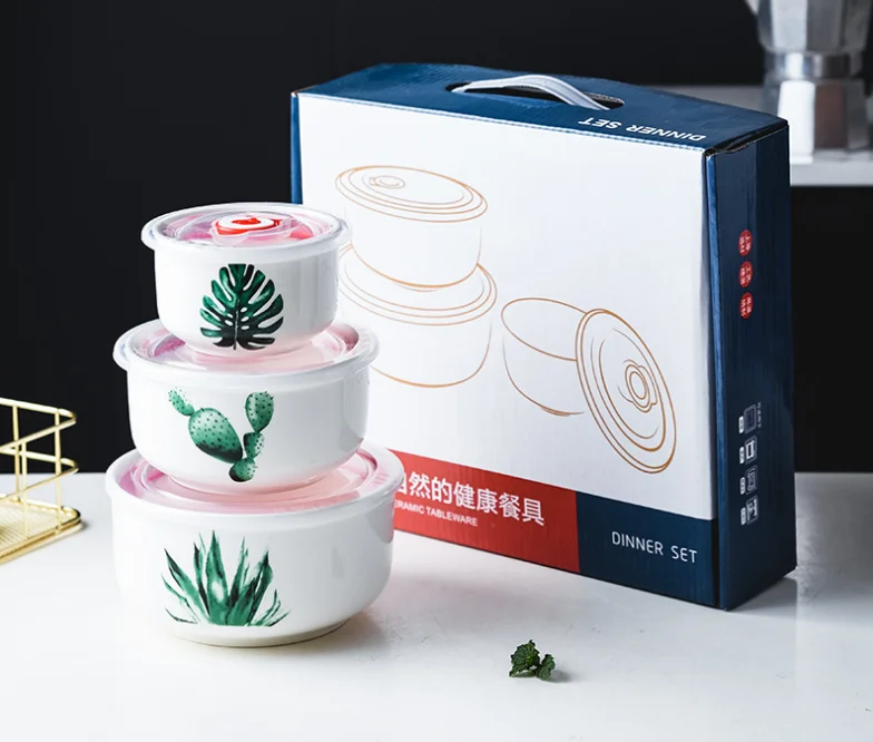 

Eco-friendly set of 3pcs ceramics storage bowl bone china bowl with seal lid, Blue