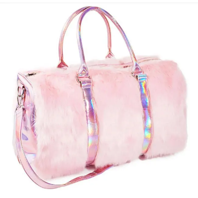 

Fashion Ladies Large Holographic Glitter Fur Tote Duffel Travel Bag,Cute Pink Womens Gym Bag, As show