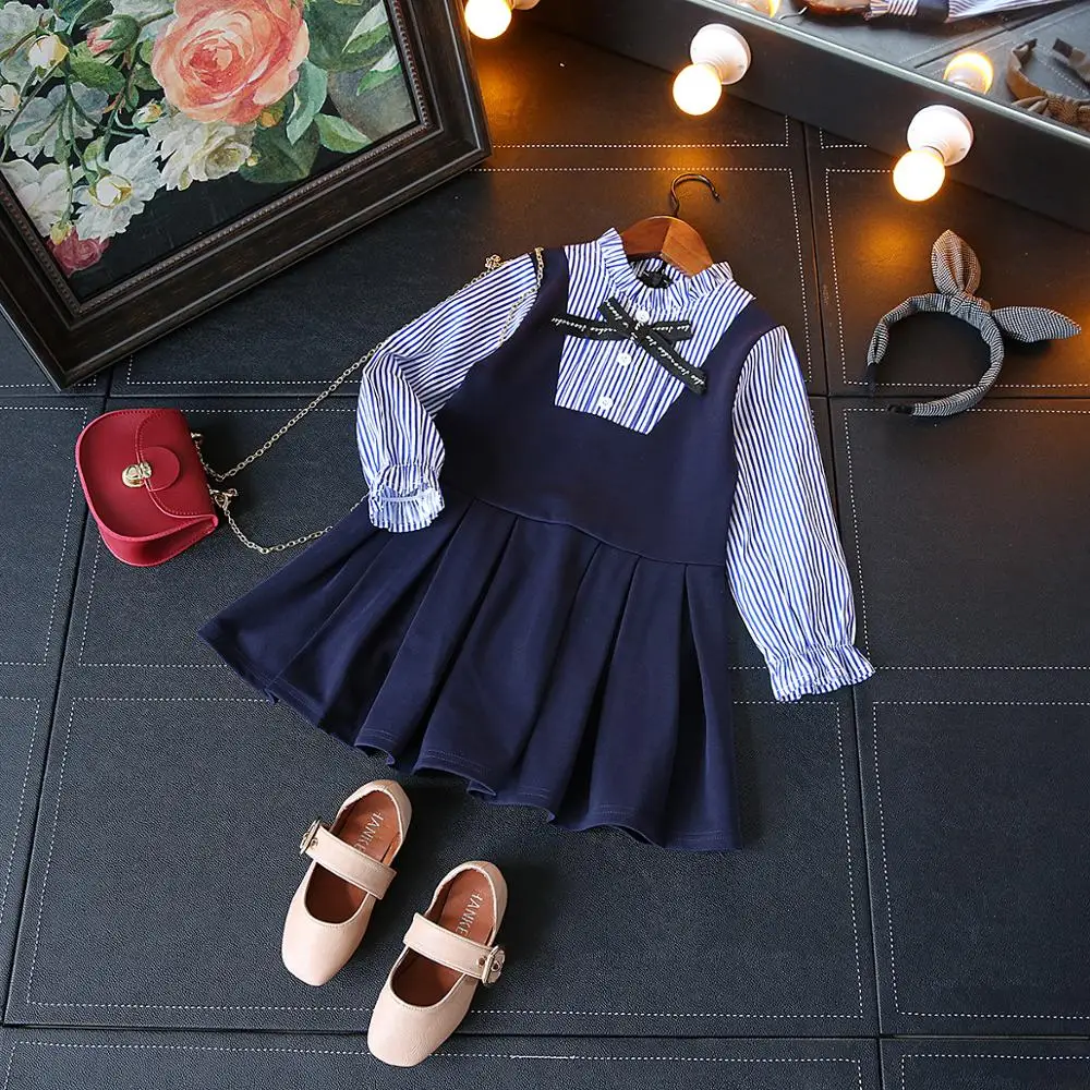 

Long sleeved wooden ear stripe fake two-piece skirt, Blue