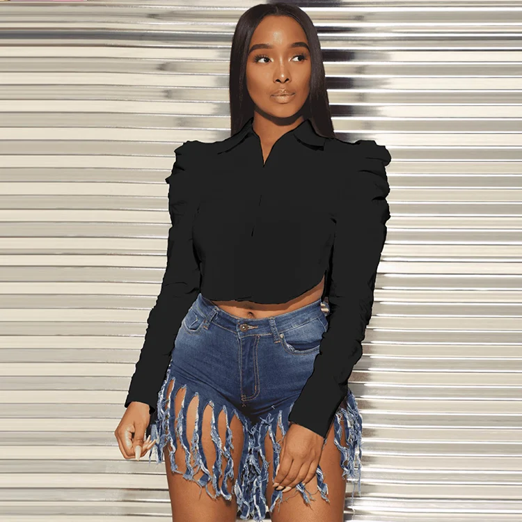 
High Quality Sexy Solid Color Puff Sleeve Shirt Women Blouses Crop tops Ladies Long Sleeve 2020 Fall women clothing 
