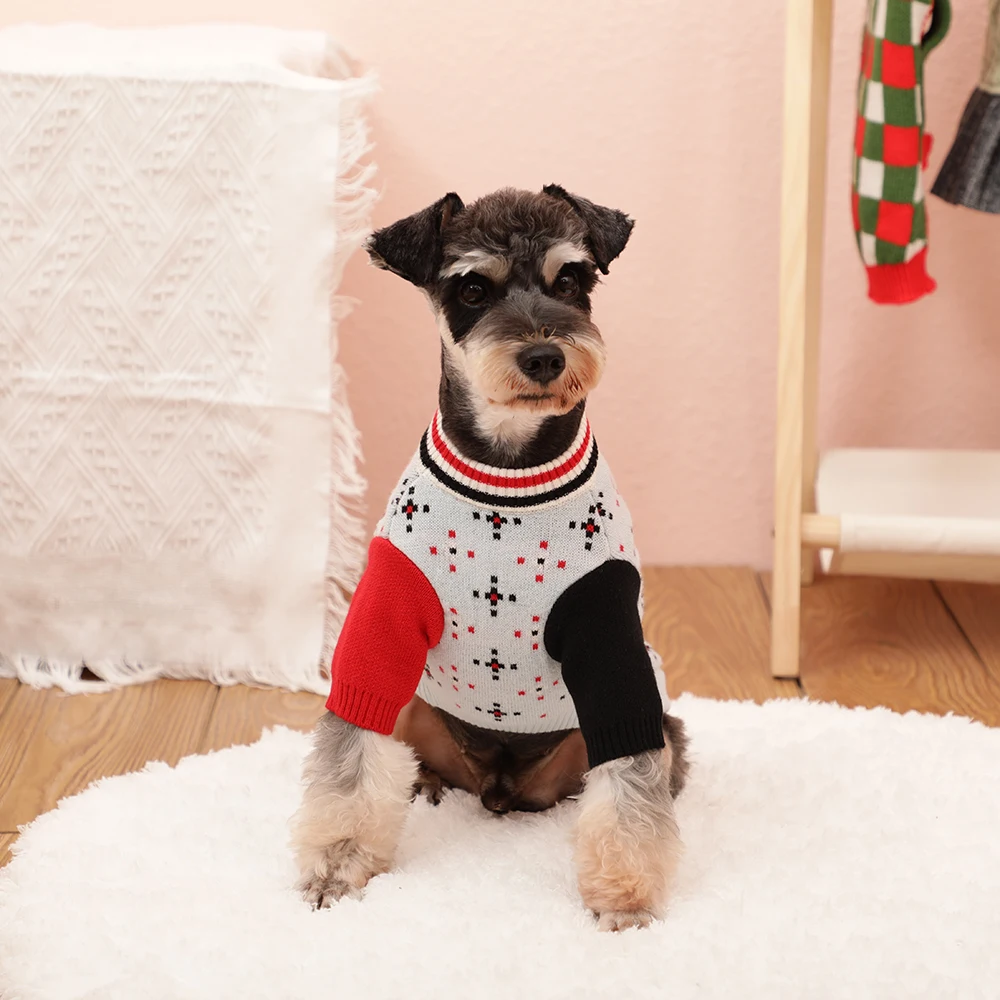 

Ready To Ship Hand Knit Cross point Grey Oatmeal Contrast Color Puppy Pet Dog Overall Outfit Clothing Sweater, Picture shows