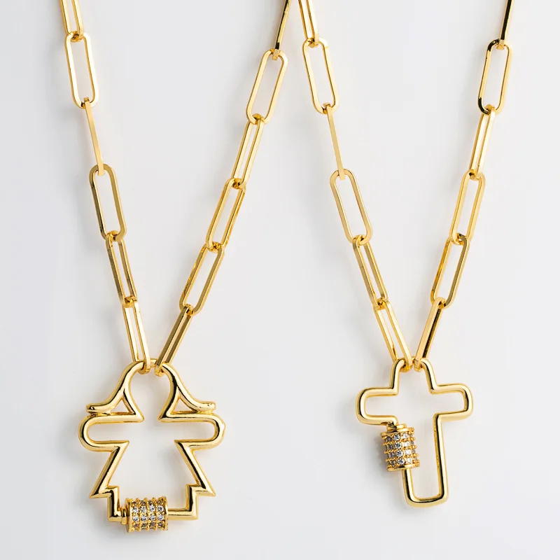 

New Arrival Luxury Gold Plated Zircon Hollow Out Girl Cross Shape Pendant Necklace
