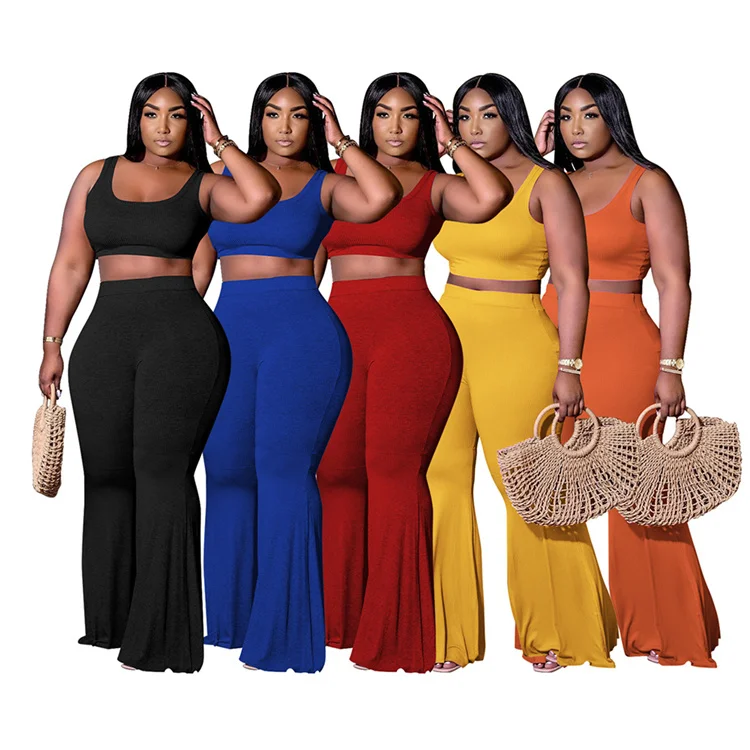 

4XL Crop Top Plus Size Two Piece Pant Sets Flare Pants Plus Size Women Clothing Two Piece Set, Picture shows