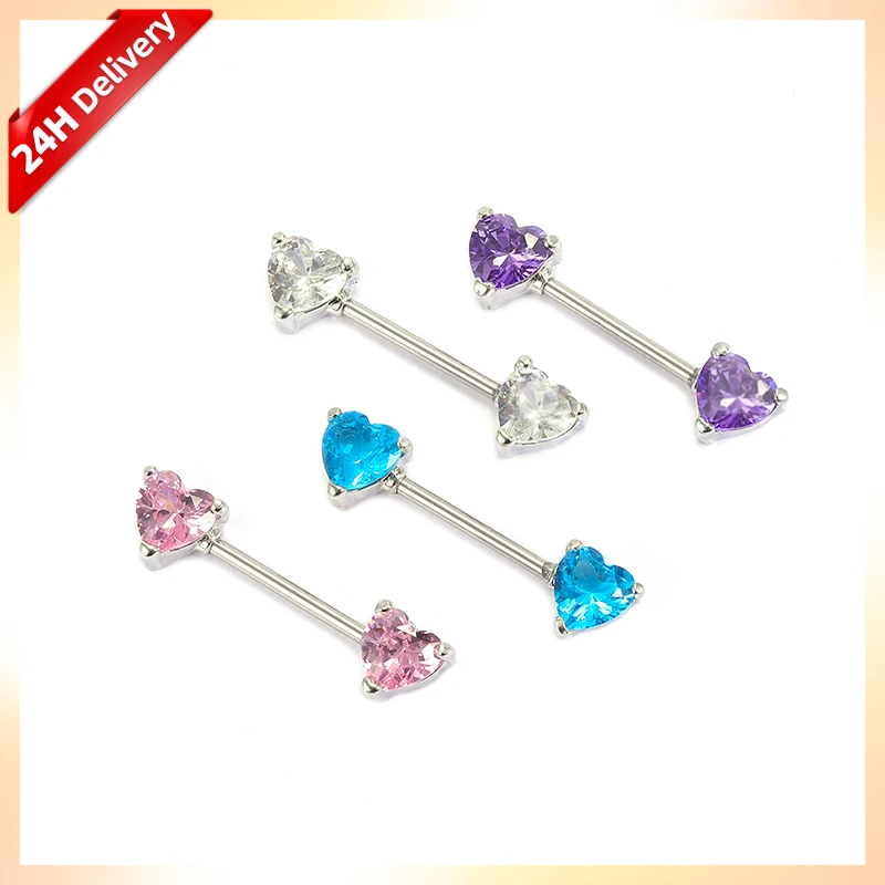 

HOVANCI Fashion Barbell Nipple Bar Rings Piercing Jewelry heart shape industrial barbell nipple ring with zircon, Purple, white, pink, lake blue