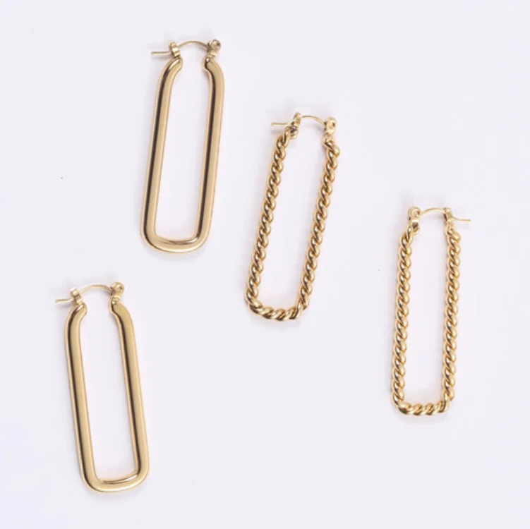 

2020 Womens Fashion Jewelry PVD Plated 18K Gold Stainless Steel Earring Twist Wire Long Rectangle Drop Hoop Ladies Earrings, Gold color