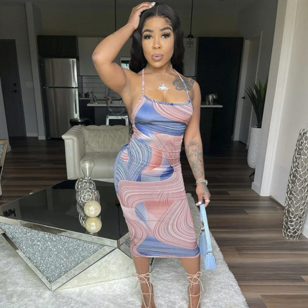 

Casual Dresses Women Clothing Summer 2021 Party Fashionable Print Boat Neck Sleeveless Dress For Ladies, Light blue