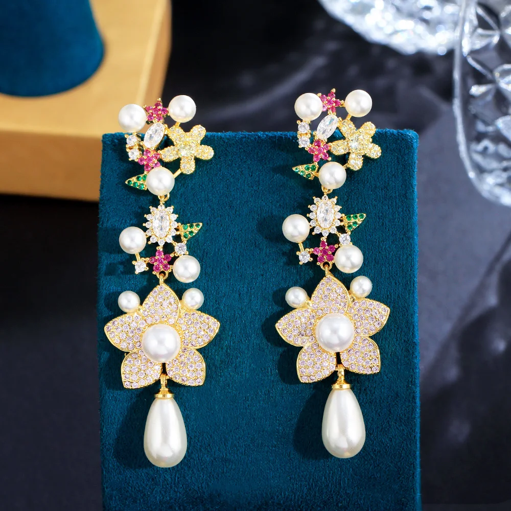 Pretty Pink Red Cubic Zirconia Paved Long Cluster Flower Dangle Drop Pearl Earrings for Women Festive Wedding Beautiful Jewelry
