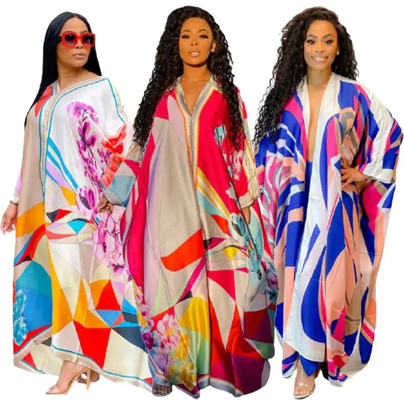 

Women Dress For 2021 Casual Colorful Striped Print Batwing Sleeves V-Neck Holiday Style Loose Lady Maxi Dresses Summer Spring