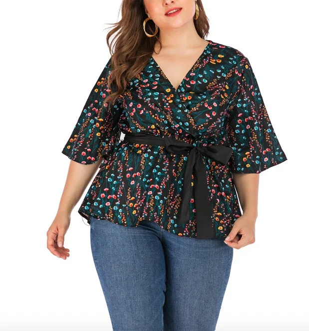 Blus Ukuran Besar Wanita Musim Panas Kerah V Seksi Blus Gambar Bunga Lengan Suar Atasan Peplum Surplice Bersabuk Dan Blus Buy Plus Ukuran Blus Pola Ukuran Lebih Atasan Dan Blus Hijau Ukuran