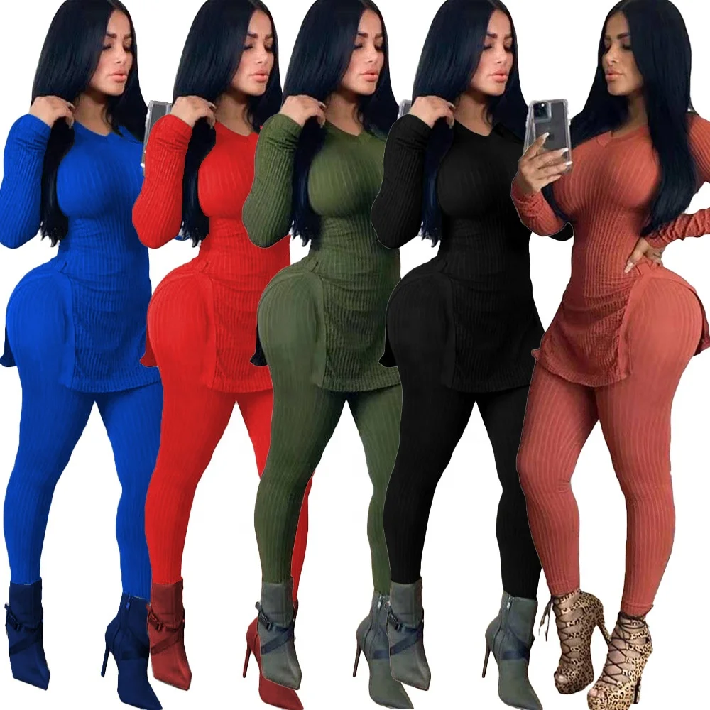 

2021 Autumn winter Wholesale Causal solid Color V-neck slit long sleeve tops with pants Two piece set for women, Black /green/blue/red/brick red