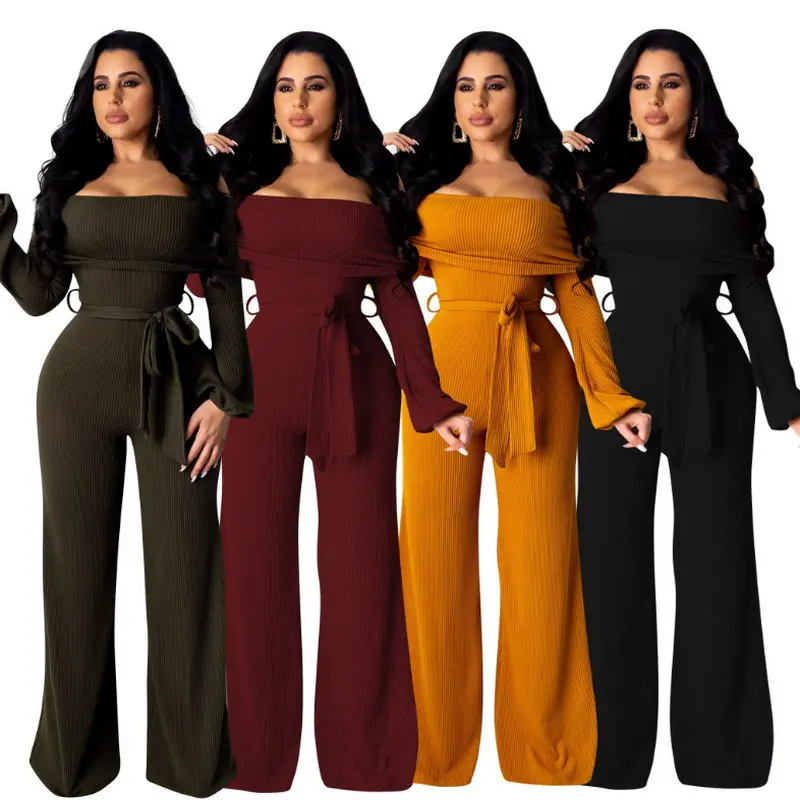 Latest Design Sexy Woman Belt Solid Color Jumpsuit Strapless Long Sleeve Pants Plus Size Off Shoulder Elegant Rompers