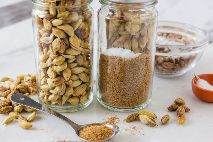 Glass spice jars containing whole cardamom pods and freshly ground cardamom powder with measuring spoons