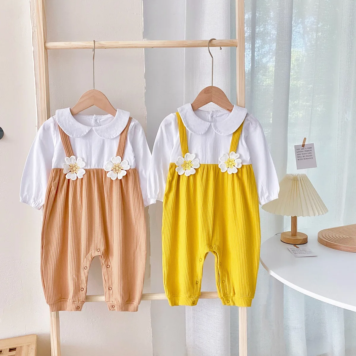

Wholesale Baby girls jumpsuit ruffled long sleeve doll collar solid cotton flower one piece romper for babies, Picture shows