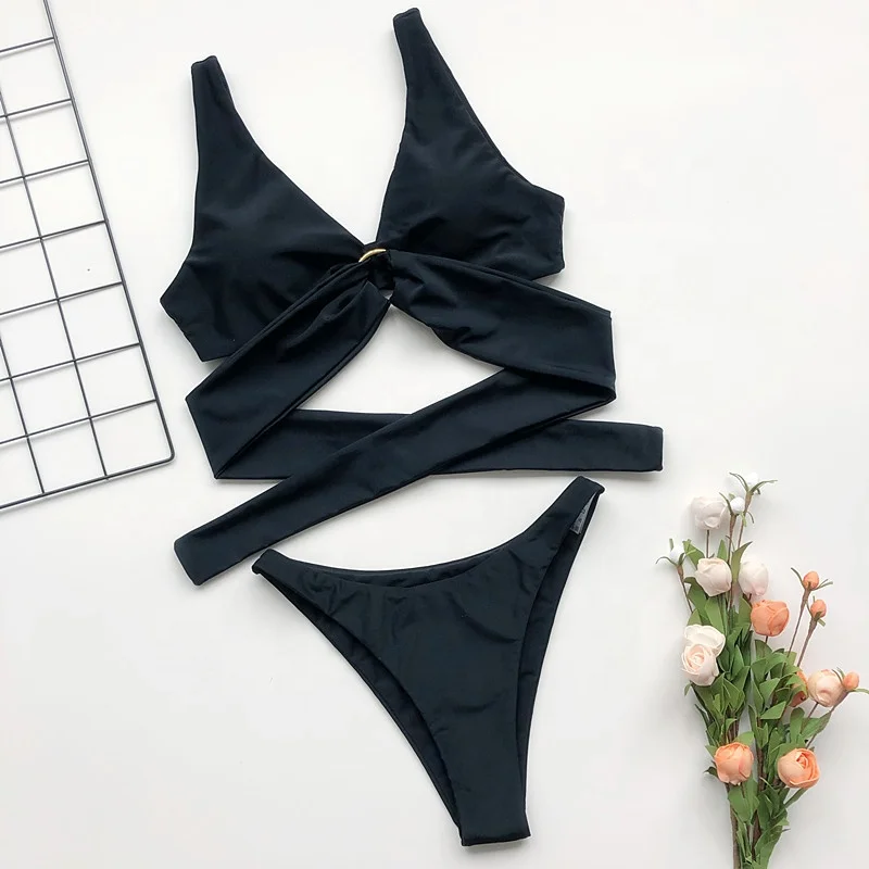 

Girl Swimsuit Women Ring Strap Bikini Summer Ladies Fashion Sexy Solid Color Beach Swimsuit, Shown