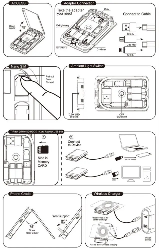 
hot selling budi 5w wireless charger usb cables SIM kit memory reader phone holder LED light in a multi functions charging set 