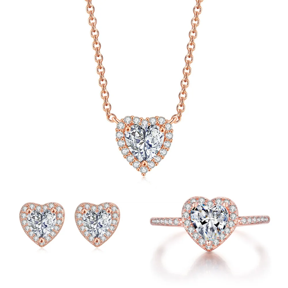 

Classic Diamond Crystal Heart Pendant Necklace and Earrings Dainty Wedding Party Jewelry Set for Women, Rosegold/silver