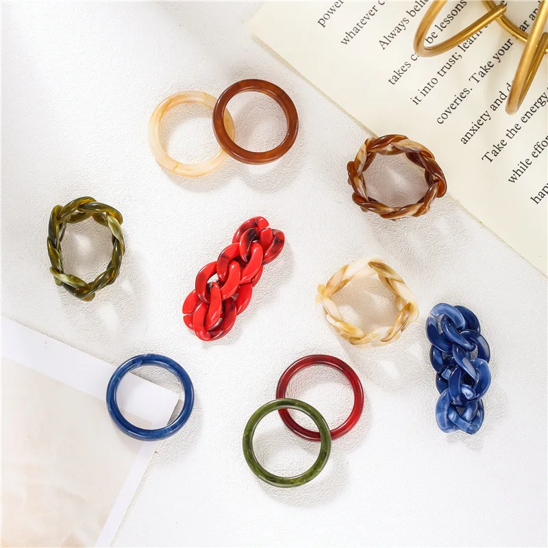 

2021 Newest 2pcs/Set Colorful Resin Geometric Round Chain Rings Anello Adjustable Anillo De Colores For Party Jewelry Gifts