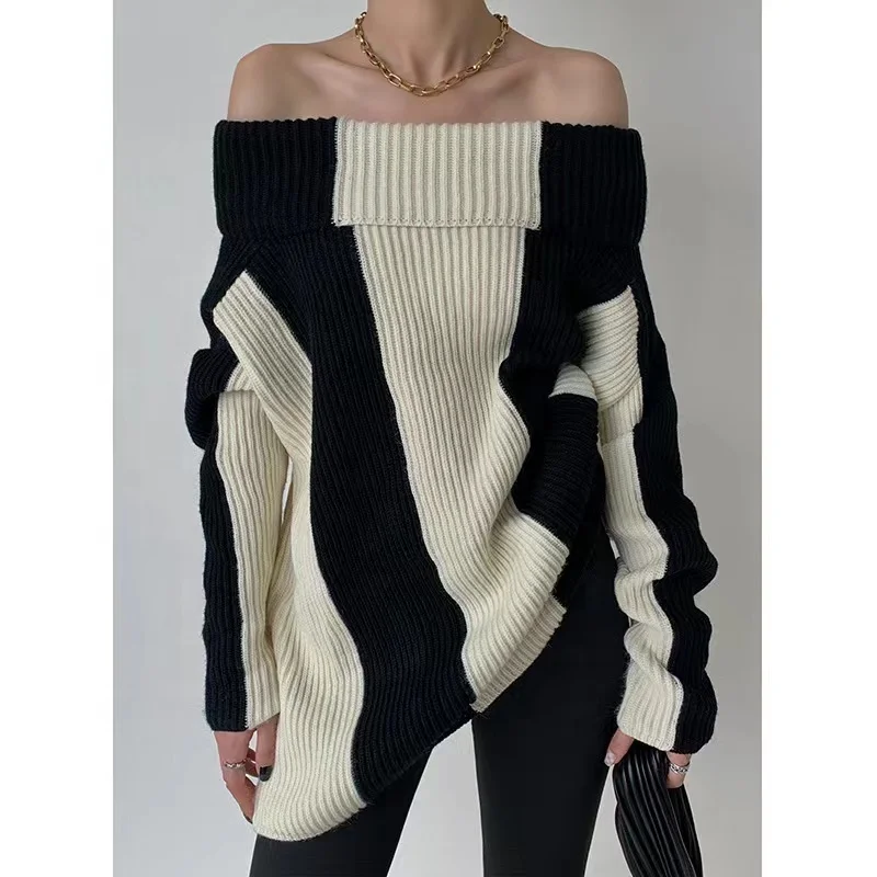 

OUDINA Fall Winter Contrast Color One Shoulder Stripe Knitted Sweaters Dresses Women Lazy Loose Knit Sweater, White