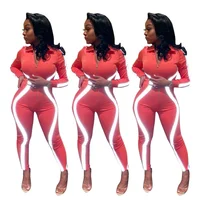 

New Arrivals Fashion Women Casual Zipper Up Long Sleeve Slim Pants Reflective Flash Striped Jumpsuit Tracksuit sweatsuit